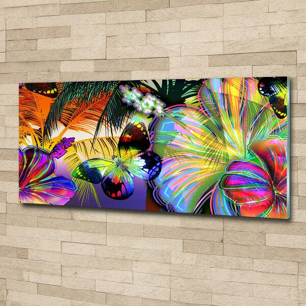 Cuadro decorativo de vidrio para salón horizontal Flores y una mariposa