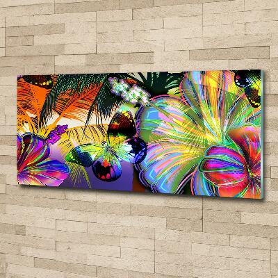 Cuadro decorativo de vidrio para salón horizontal Flores y una mariposa