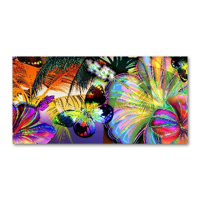 Cuadro decorativo de vidrio para salón horizontal Flores y una mariposa