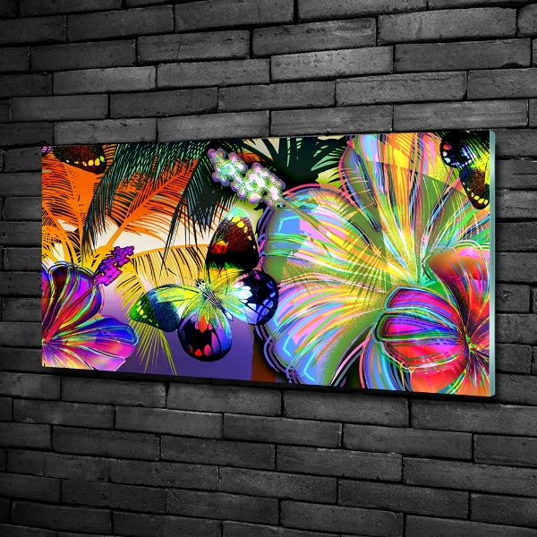 Cuadro decorativo de vidrio para salón horizontal Flores y una mariposa