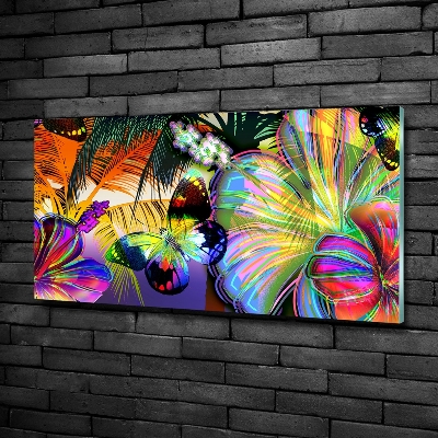 Cuadro decorativo de vidrio para salón horizontal Flores y una mariposa