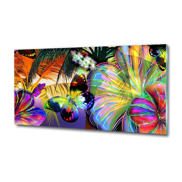 Cuadro decorativo de vidrio para salón horizontal Flores y una mariposa