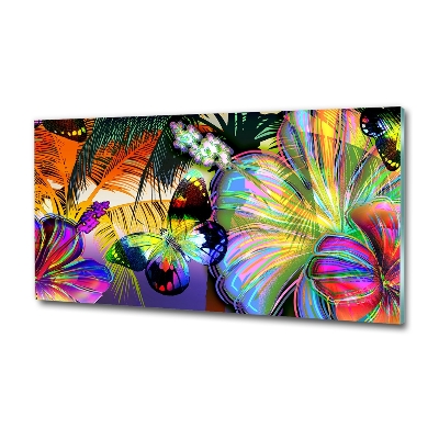 Cuadro decorativo de vidrio para salón horizontal Flores y una mariposa
