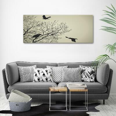 Foto en cristal de alta calidad con impresión uv horizontal Cuervos en un árbol
