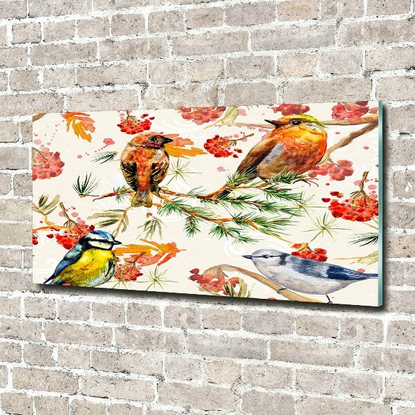 Cuadro decorativo de vidrio para salón horizontal Coníferas y aves