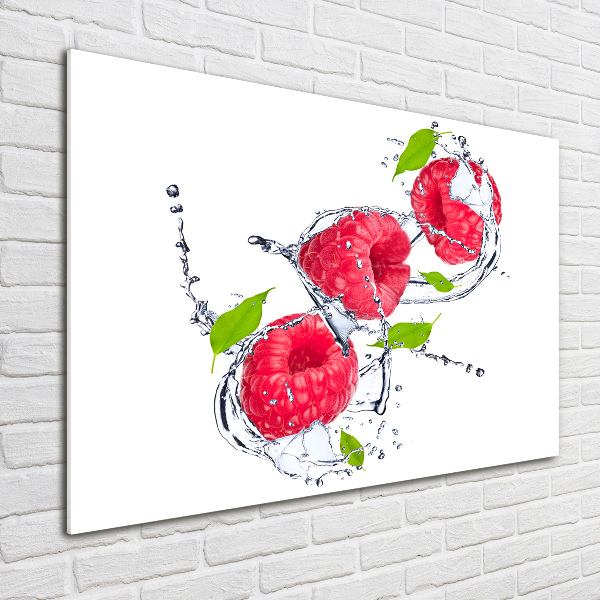 Cuadro decorativo de vidrio para salón horizontal Frambuesa y agua