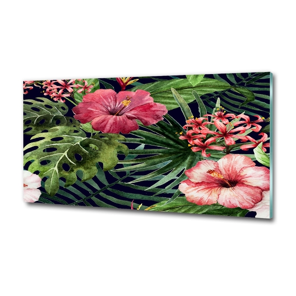 Cuadro decorativo de vidrio para salón horizontal flores tropicales