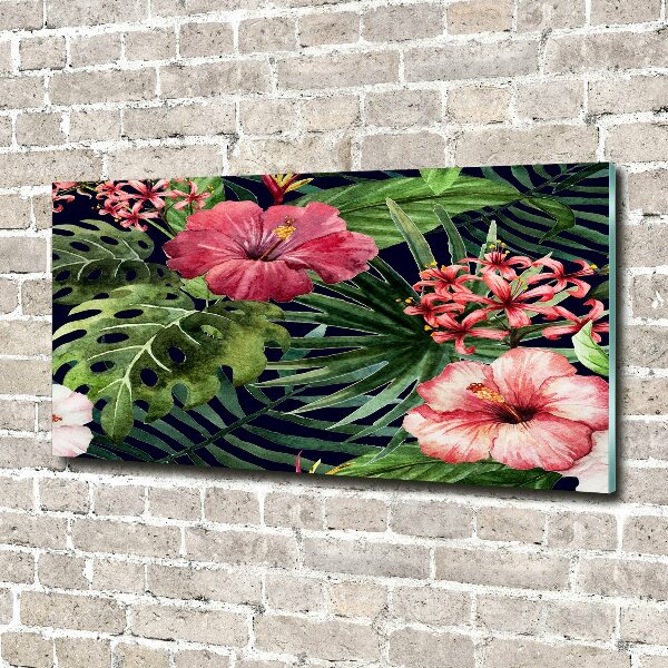 Cuadro decorativo de vidrio para salón horizontal flores tropicales