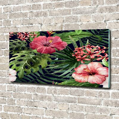 Cuadro decorativo de vidrio para salón horizontal flores tropicales