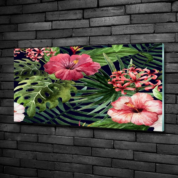 Cuadro decorativo de vidrio para salón horizontal flores tropicales