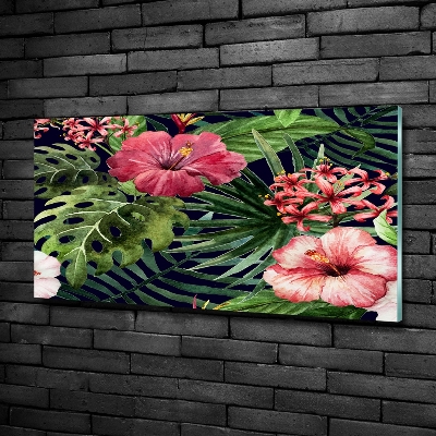 Cuadro decorativo de vidrio para salón horizontal flores tropicales