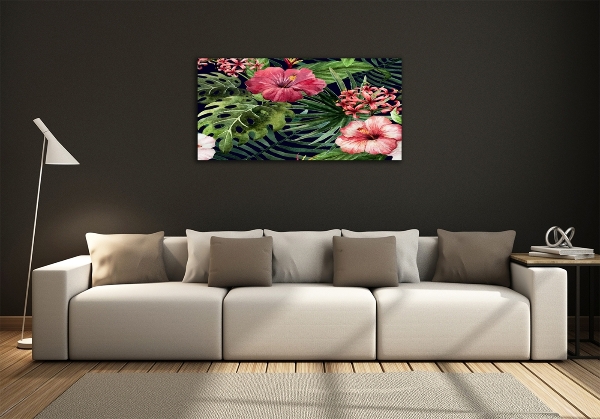 Cuadro decorativo de vidrio para salón horizontal flores tropicales