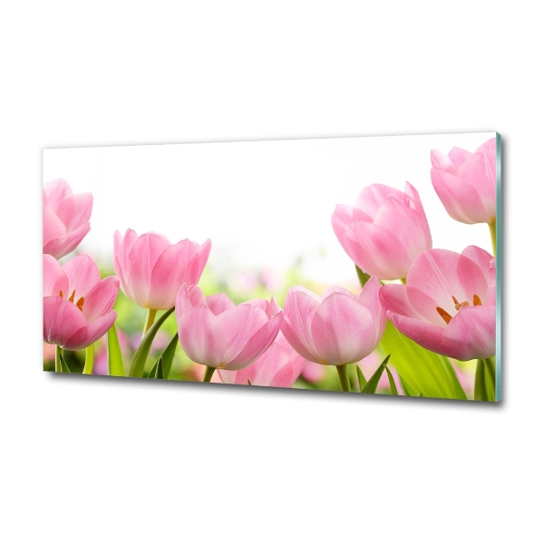 Cuadro decorativo de vidrio para salón horizontal tulipanes rosados
