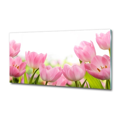 Cuadro decorativo de vidrio para salón horizontal tulipanes rosados