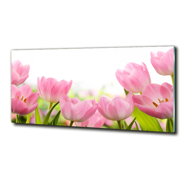 Cuadro decorativo de vidrio para salón horizontal tulipanes rosados
