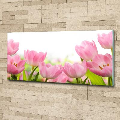 Cuadro decorativo de vidrio para salón horizontal tulipanes rosados