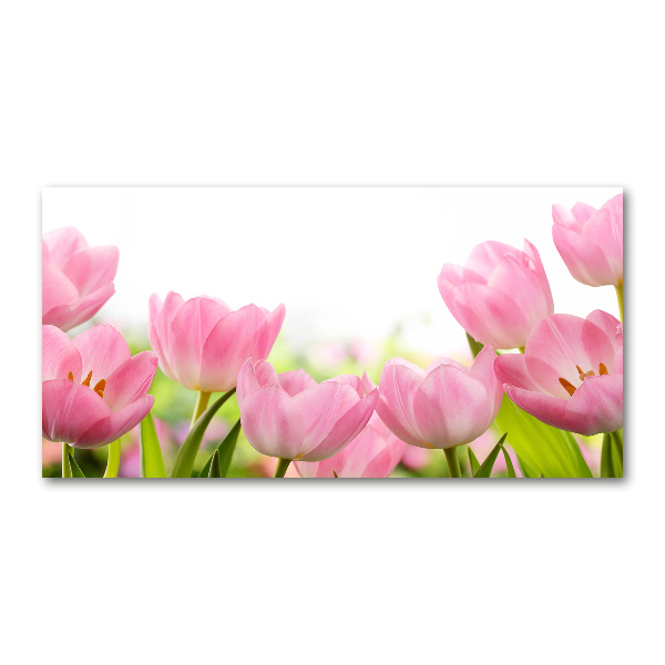 Cuadro decorativo de vidrio para salón horizontal tulipanes rosados