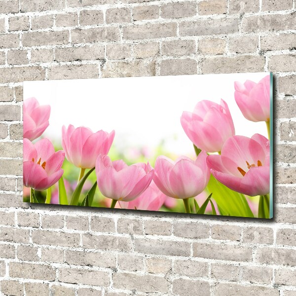 Cuadro decorativo de vidrio para salón horizontal tulipanes rosados