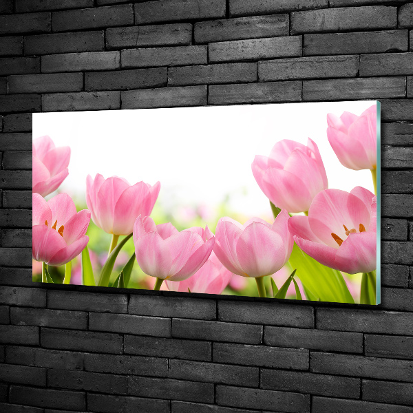 Cuadro decorativo de vidrio para salón horizontal tulipanes rosados