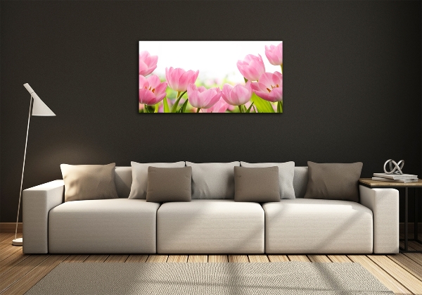 Cuadro decorativo de vidrio para salón horizontal tulipanes rosados