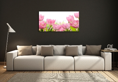 Cuadro decorativo de vidrio para salón horizontal tulipanes rosados