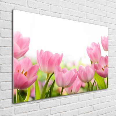 Cuadro decorativo de vidrio para salón horizontal tulipanes rosados