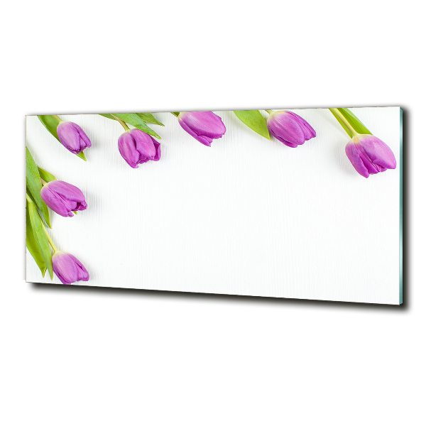 Cuadro decorativo de vidrio para salón horizontal tulipanes morados