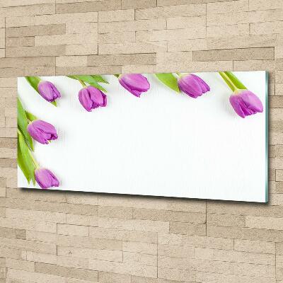 Cuadro decorativo de vidrio para salón horizontal tulipanes morados