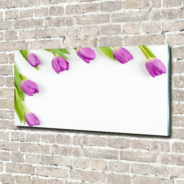 Cuadro decorativo de vidrio para salón horizontal tulipanes morados