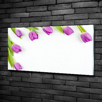 Cuadro decorativo de vidrio para salón horizontal tulipanes morados