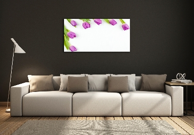 Cuadro decorativo de vidrio para salón horizontal tulipanes morados