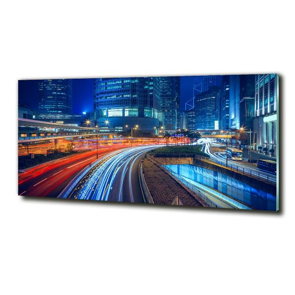 Cuadro decorativo de vidrio para salón horizontal Hong Kong de noche