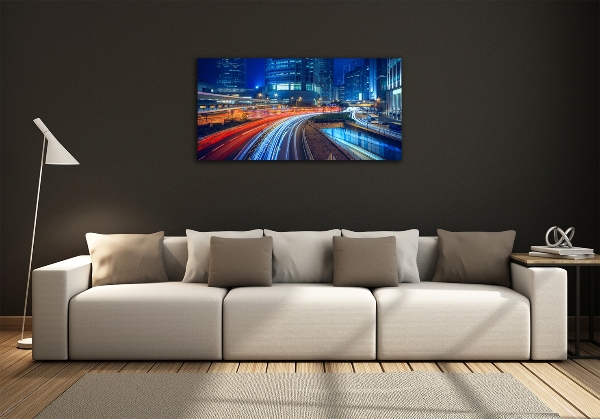 Cuadro decorativo de vidrio para salón horizontal Hong Kong de noche