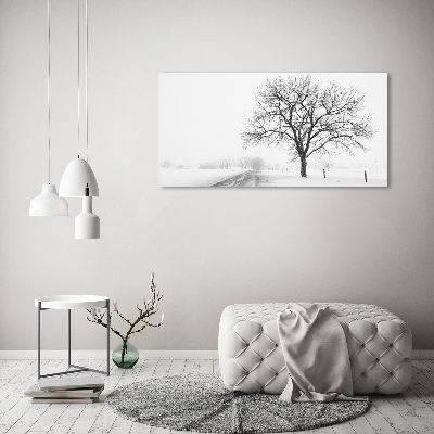 Cuadro decorativo de vidrio para salón horizontal Árbol en invierno