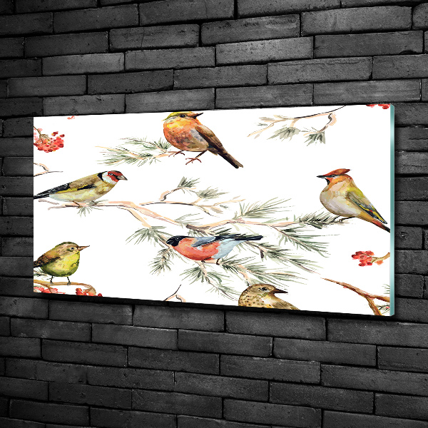 Cuadro decorativo de vidrio para salón horizontal Aves y plantas del bosque