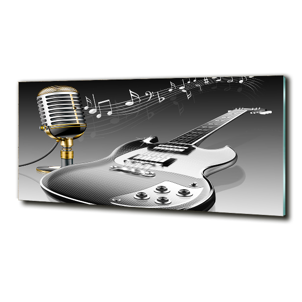 Cuadro decorativo de vidrio para salón horizontal Guitarra y micrófono