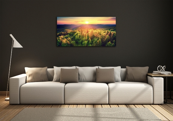 Impresión en cristal con acabado brillante horizontal Atardecer en el bosque