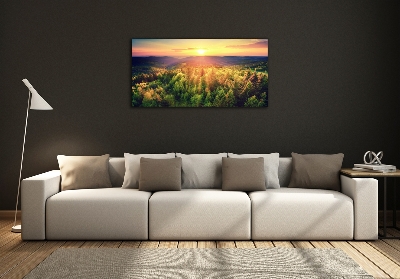 Impresión en cristal con acabado brillante horizontal Atardecer en el bosque