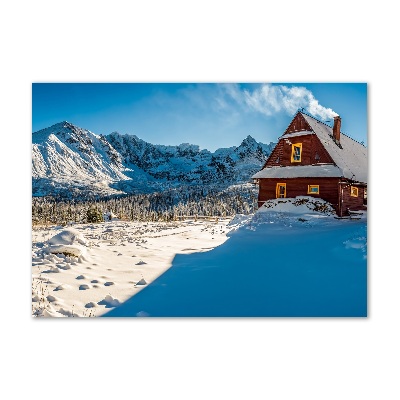 Impresión en cristal con acabado brillante horizontal Una cabaña en las montañas