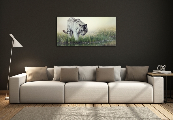 Cuadro decorativo de vidrio para salón horizontal Tigre blanco