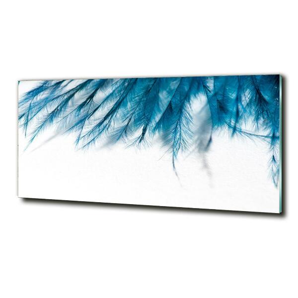 Cuadro decorativo de vidrio para salón horizontal plumas azules