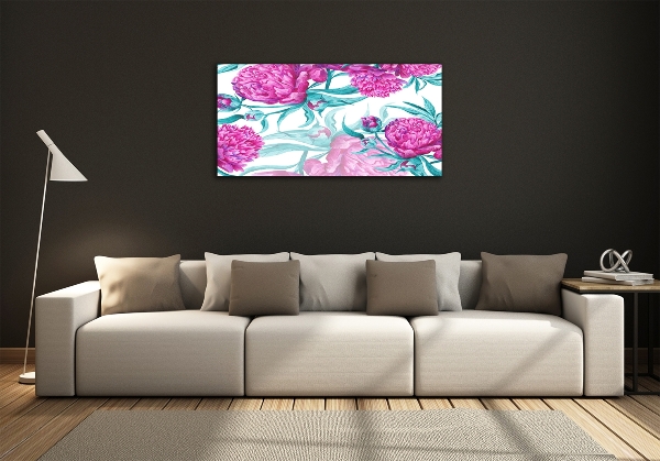 Cuadro decorativo de vidrio para salón horizontal Peonías rosas
