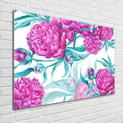 Cuadro decorativo de vidrio para salón horizontal Peonías rosas