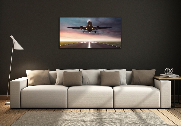 Cuadro decorativo de vidrio para salón horizontal Un avión despegando
