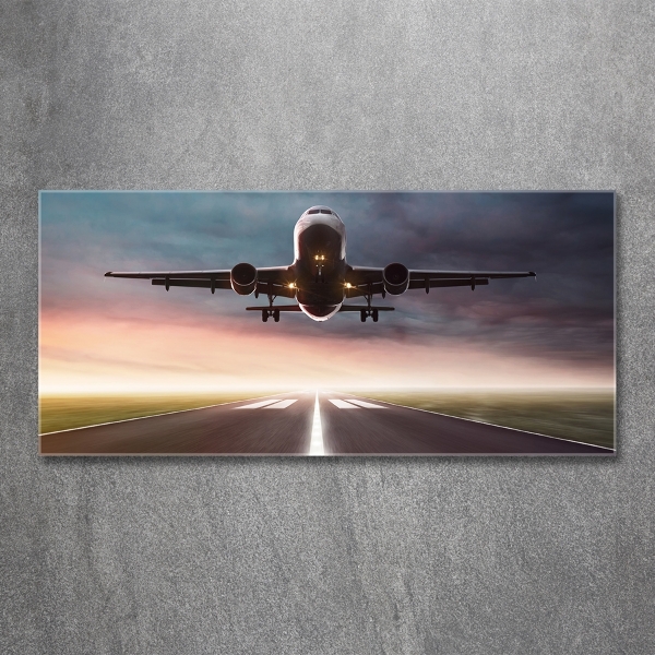 Cuadro decorativo de vidrio para salón horizontal Un avión despegando