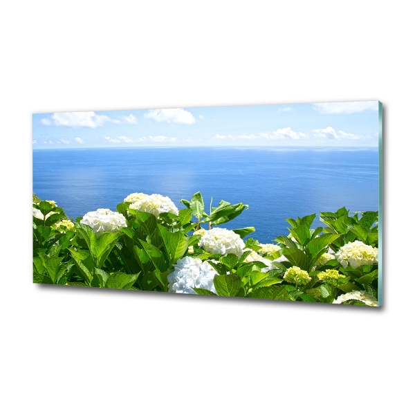 Cuadro decorativo de vidrio para salón horizontal Flores junto al mar