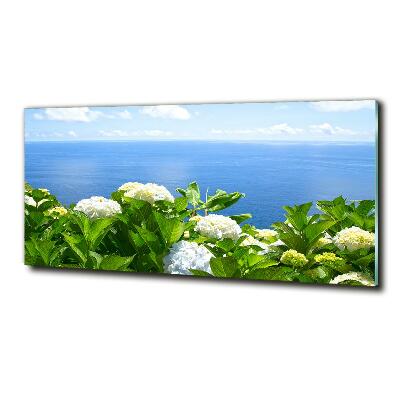 Cuadro decorativo de vidrio para salón horizontal Flores junto al mar
