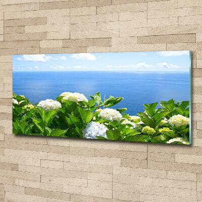 Cuadro decorativo de vidrio para salón horizontal Flores junto al mar