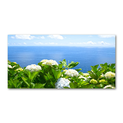 Cuadro decorativo de vidrio para salón horizontal Flores junto al mar