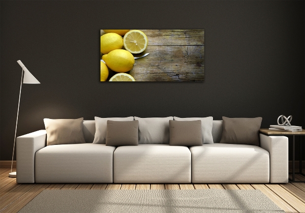 Cuadro decorativo de vidrio para salón horizontal Limones en madera